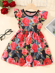 Girl's Plaid Sunflower Graphic Flying Sleeve Dress