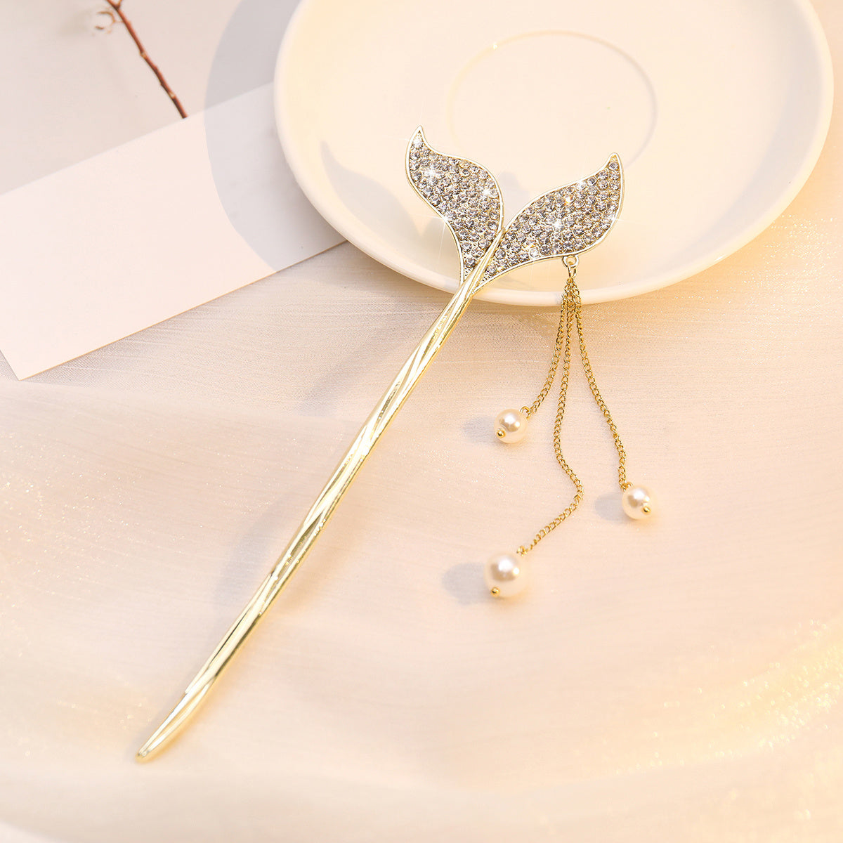 Fishtail Tassel Hair Pin Faux Pearl Rhinestone Golden Cheongsam Chignon Pins