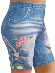 Women's Plus Floral & Denim Print High Rise Skinny Shorts