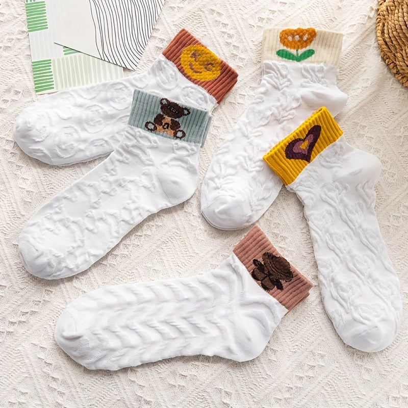 5 Pairs Cartoon Print Socks & 3D Textured Short Socks Women's Stockings