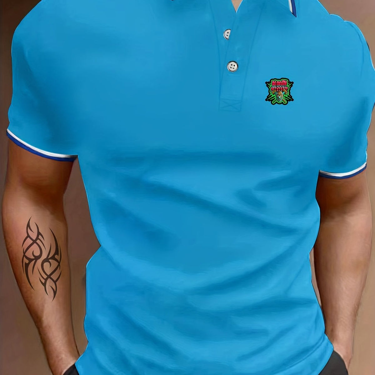 Men's Bloody Night Print Polo Shirt Casual Lapel Button Up Short Sleeve