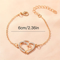 Golden Double Heart Ladies Bracelet Zircon Inlay Romantic Hand Jewelry Gift