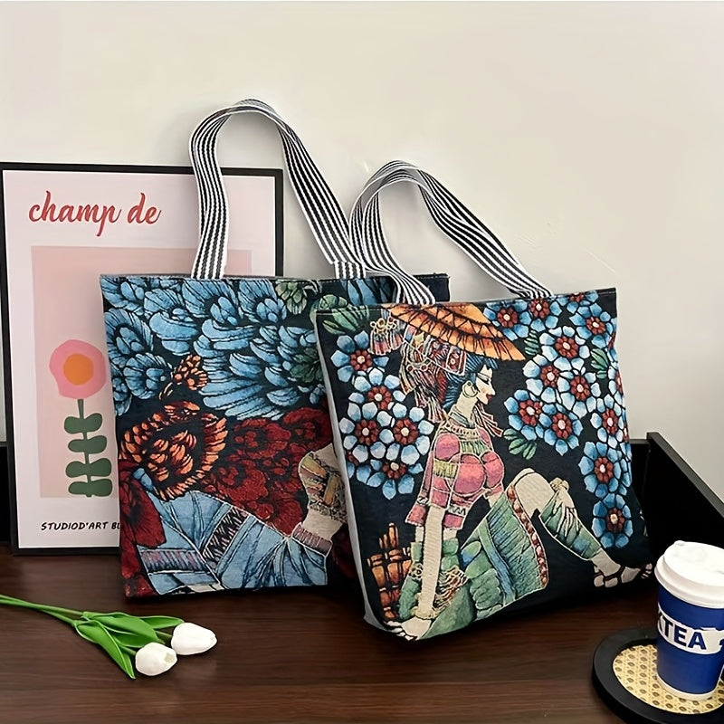 Ethnic Style Canvas Tote Bag Vintage Embroidery Large Shoulder Bag