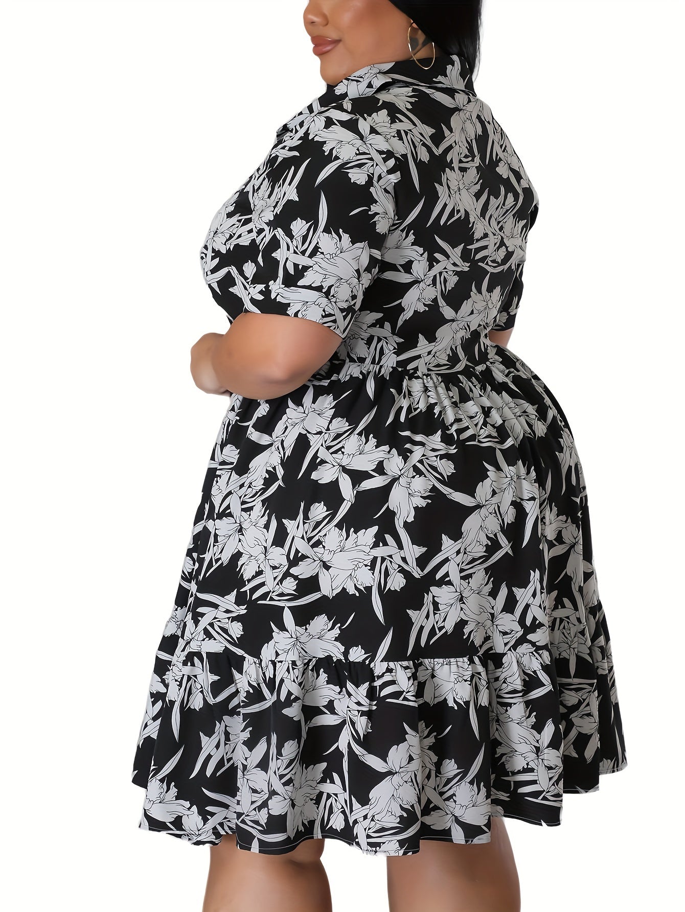 Floral Print Short Sleeve Polo Neck Shirt Dress