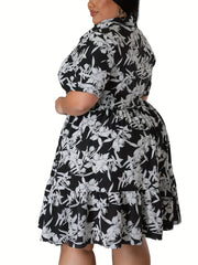  Floral Print Short Sleeve Polo Neck Shirt Dress