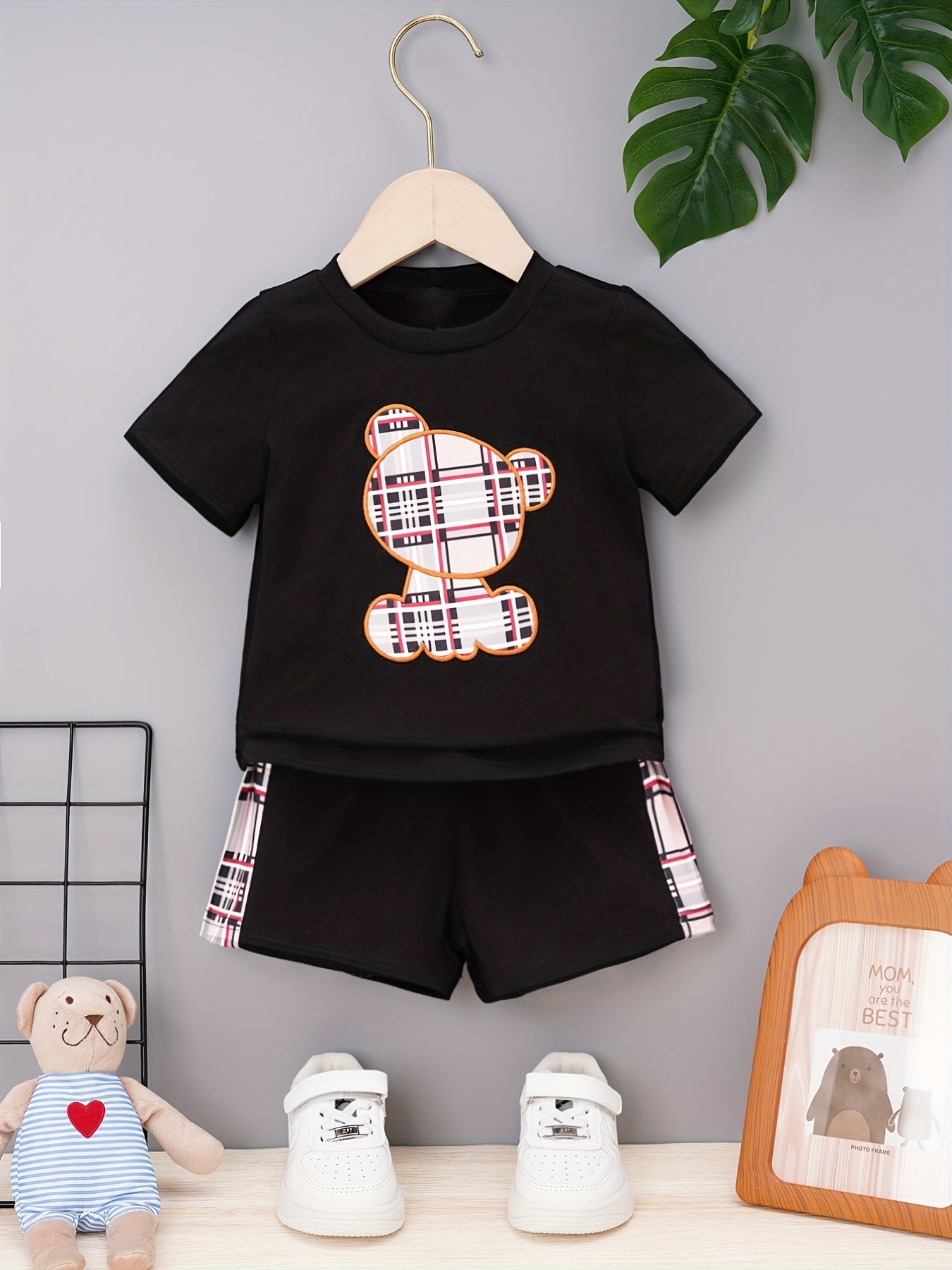 Baby Boys Plaid Bear Graphic T shirt & Shorts Set for Summer