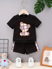 Baby Boys Plaid Bear Graphic T shirt & Shorts Set for Summer