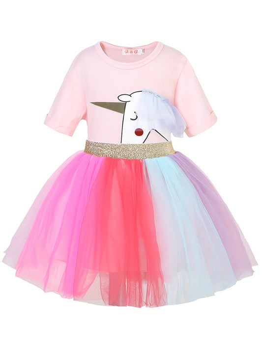 2 Pcs Toddler Girls Unicorn Top T Shirt Rainbow Tutu Skirt Set