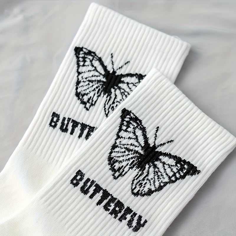 6 Pairs Butterfly Print Mid Tube Socks Women's Stockings