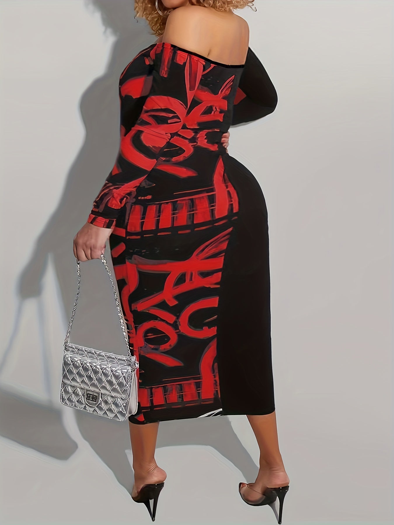  Off Shoulder Graffiti Print Maxi Midi Dress