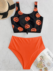  Retro Pumpkin Print Tankini Set