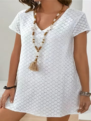  Solid Jacquard Cap Sleeve V Neck Loose Dress