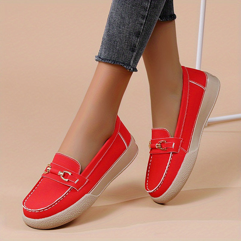 Women's Comfy Flat Loafers with Metallic Buckle Decor