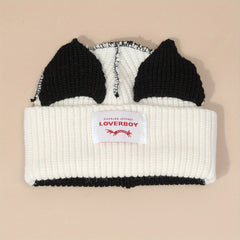 Pig Ears Label Beanie Splicing Warm Knitted Hat