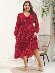  Dot Print Lantern Sleeve V Neck Midi Dress