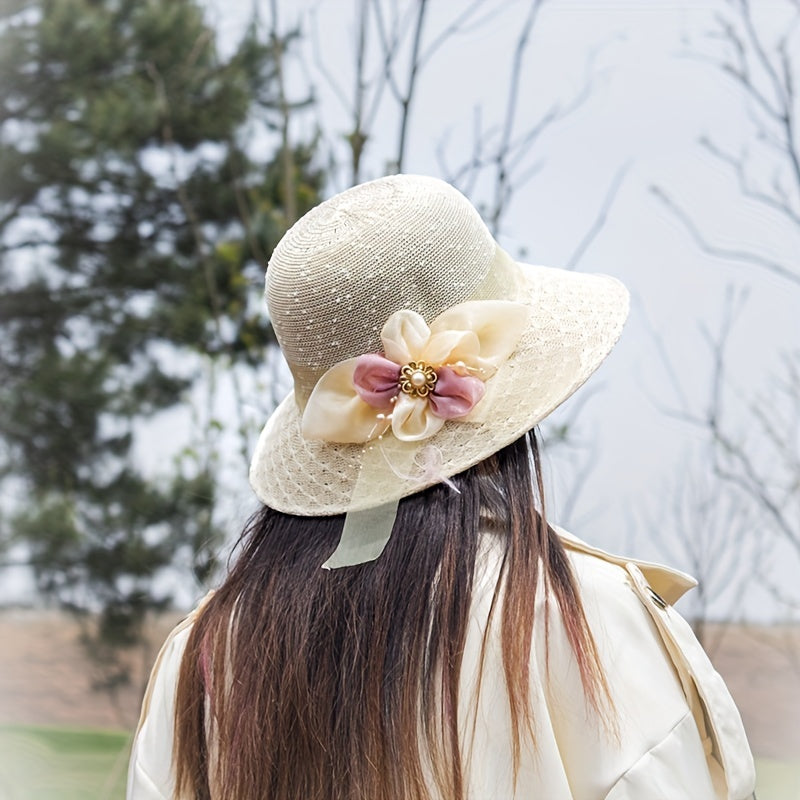 Flower Ribbon Decor Bucket Hat Solid Sun Hat For Women