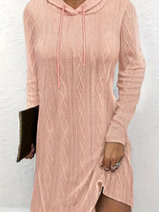  Solid Jacquard Long Sleeve Hooded Drawstring Mini Dress