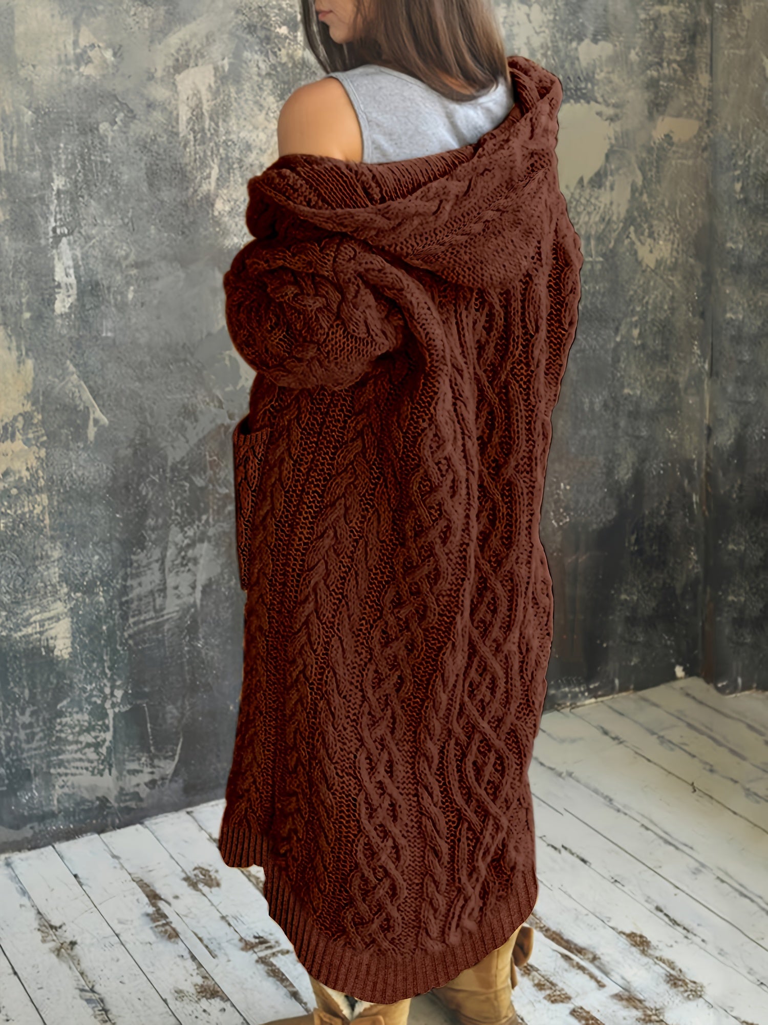  Women's Solid Hooded Cardigan Coat Knitted Sweater Coat