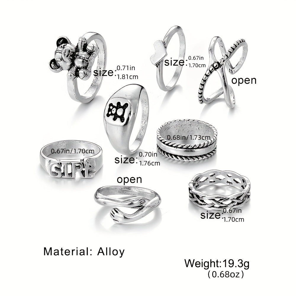 8pcs Punk Style Stacking Rings Teddy Bear Heart Mix Match Daily Outfits Party