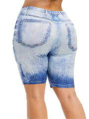  Denim Print High Rise Skinny Shorts