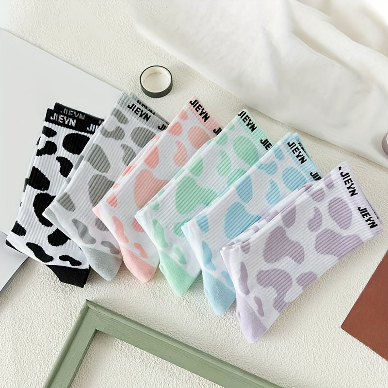 6 Pairs Cow Spot Print Socks Comfy & Breathable Women's Stockings