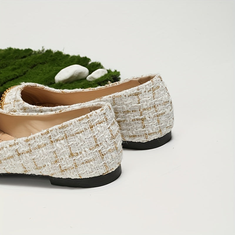 Women's Pointed Toe Flat Shoes Cap Toe Tweed Slip On Soft Sole Office Work Flats