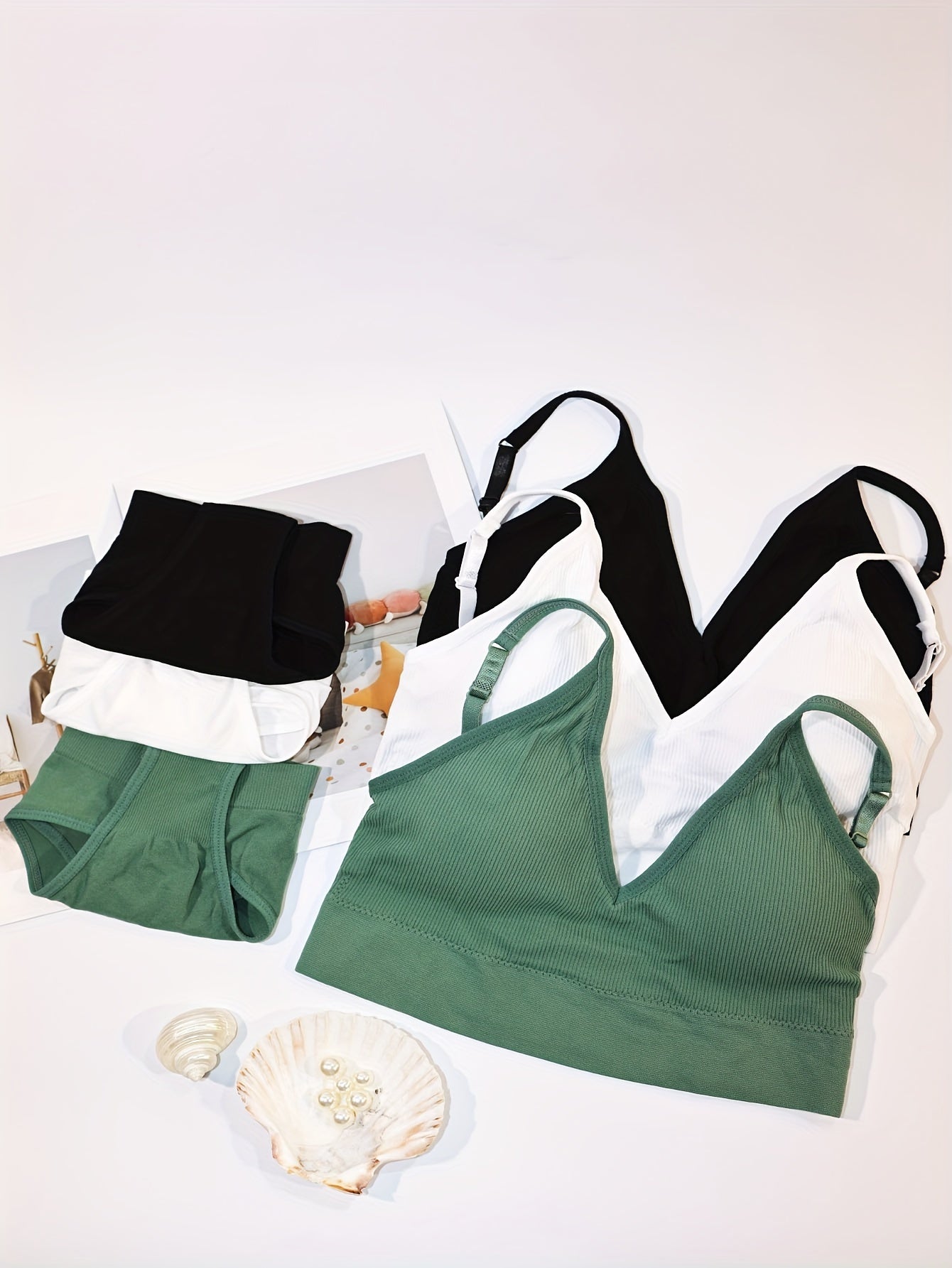 3 Sets Ribbed Bra & Panties Lingerie Set Women's Underwear