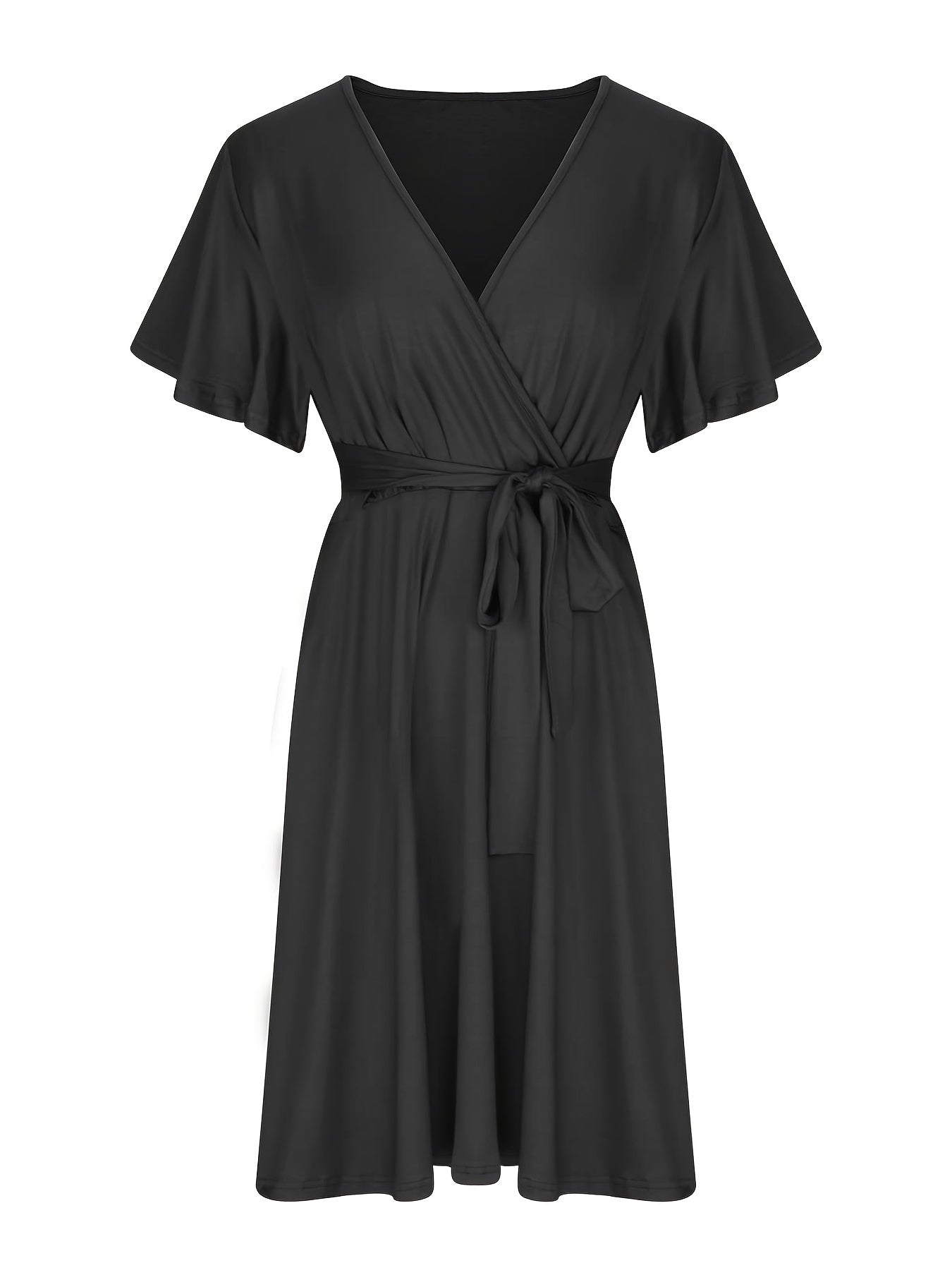  Solid Butterfly Sleeve Knee Length Dress With Pockets