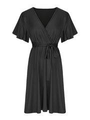 Solid Butterfly Sleeve Knee Length Dress With Pockets
