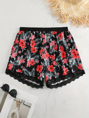  Rose Print Lace Elastic Stretch Shorts