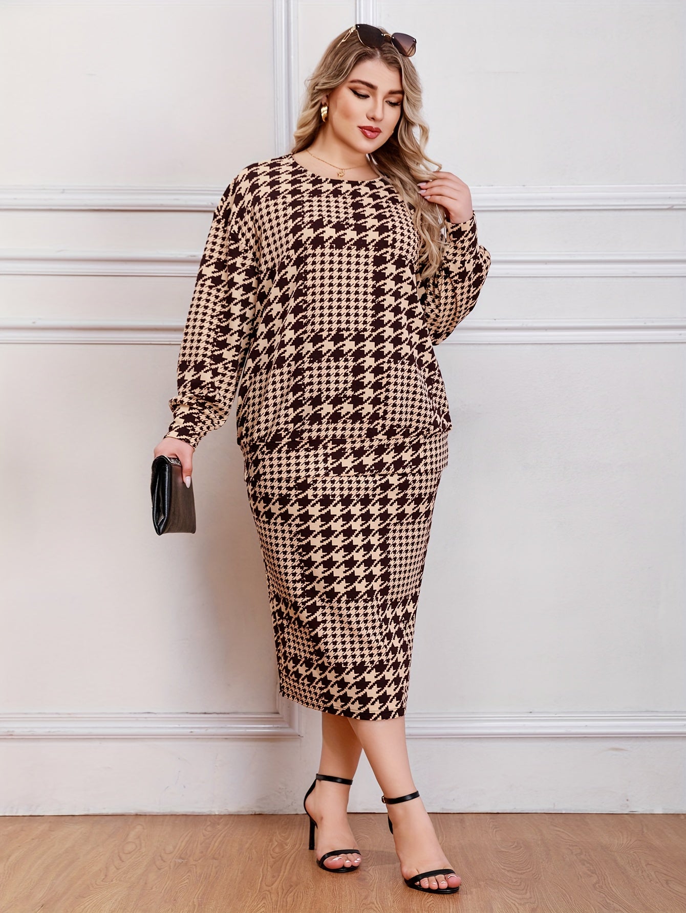  Houndstooth Print Top & Skirt Set