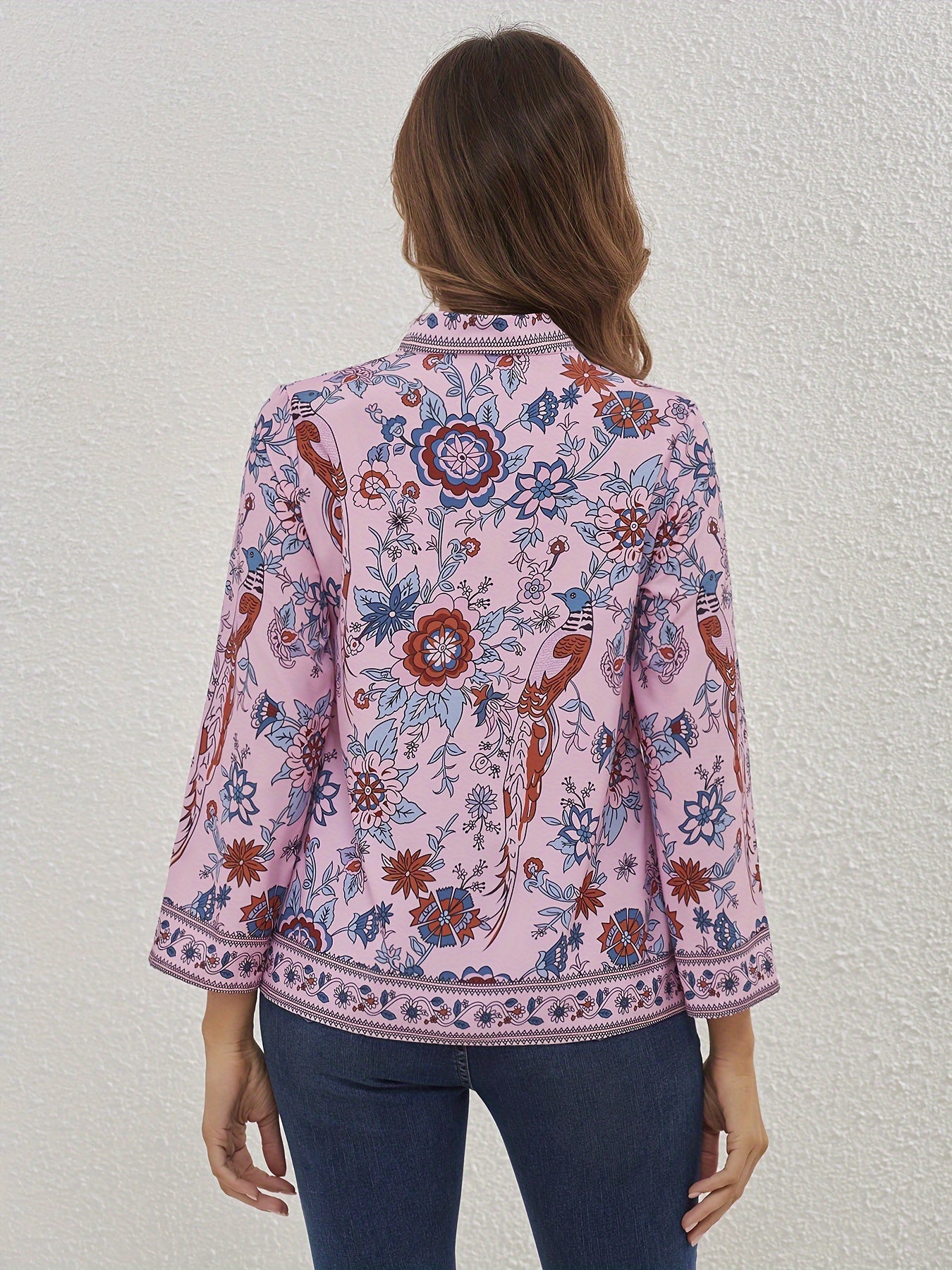  Ethnic Style Blouse Women's Plus Bird & Floral Print Long Sleeve