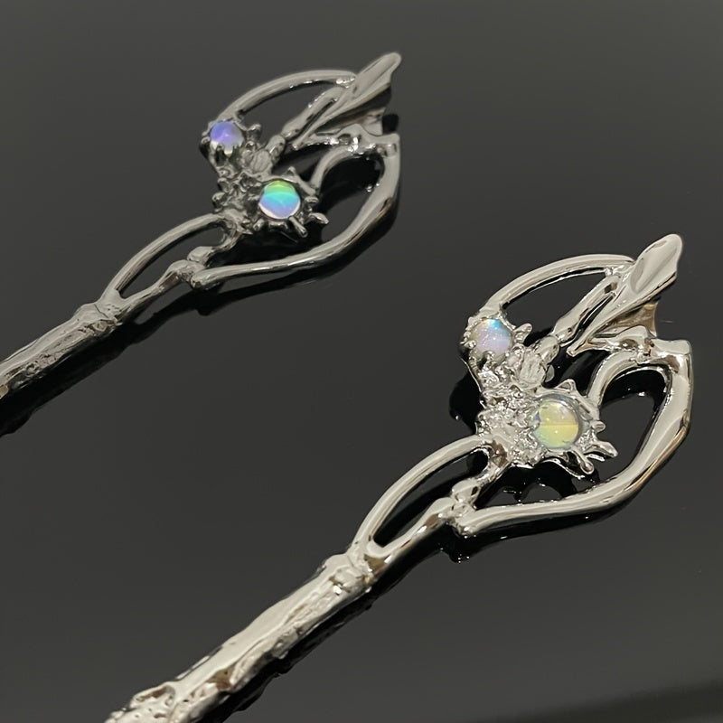2pcs Vintage Alloy Moonstone Hairpin, Chinese Style Chignon Hair Accessories