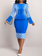  Colorblock Geometric Print Bell Sleeve Midi Dress