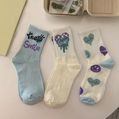 3 Pairs Heart Print Socks Comfy & Breathable Mid Tube Socks Women's Stockings
