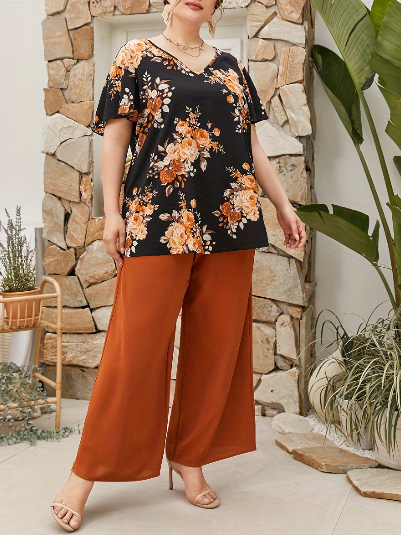 Floral Print Top & Wide Leg Pants Set Plus Size
