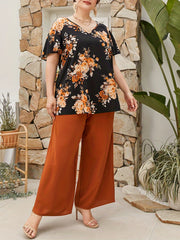 Floral Print Top & Wide Leg Pants Set Plus Size