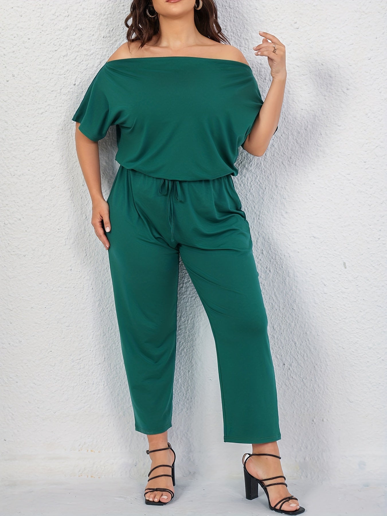  Solid Off Shoulder Short Sleeve Jumpsuit