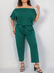  Solid Off Shoulder Short Sleeve Jumpsuit