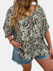  Allover Print Flutter Sleeve V Neck Blouse