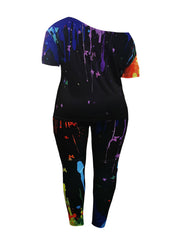  Splash Print One Shoulder Top & Pants Set