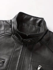 Men's Solid PU Zip Jacket Stand Collar
