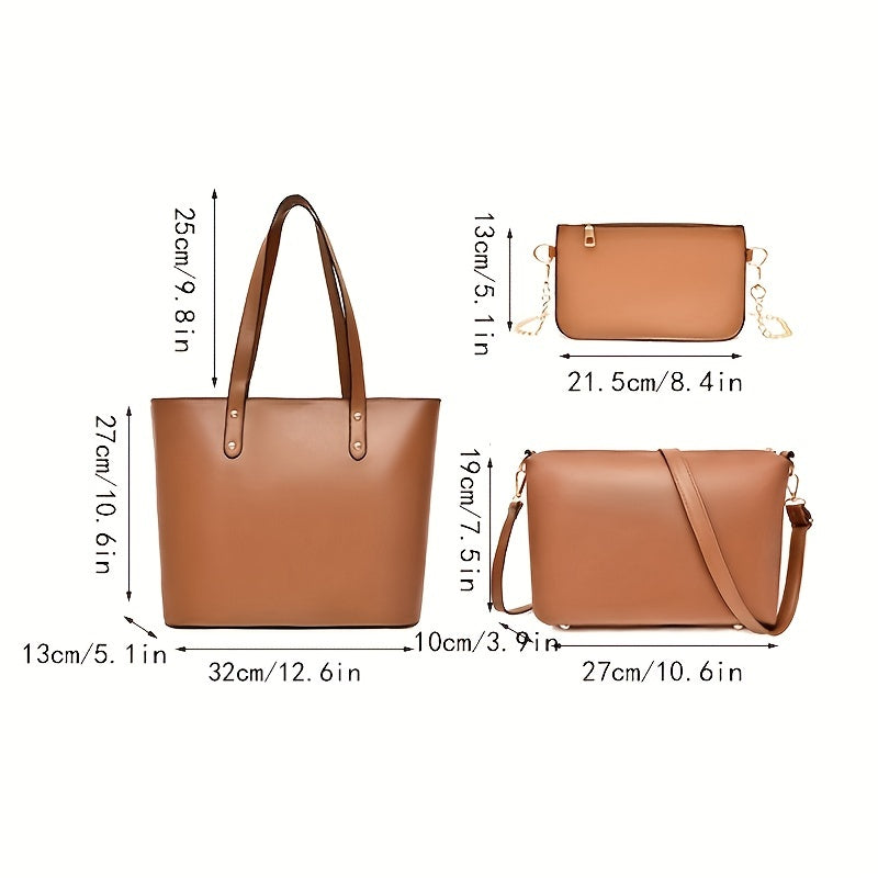 3pcs PU Leather Bag Sets - Crossbody Bag, Wallet, Tote Bag