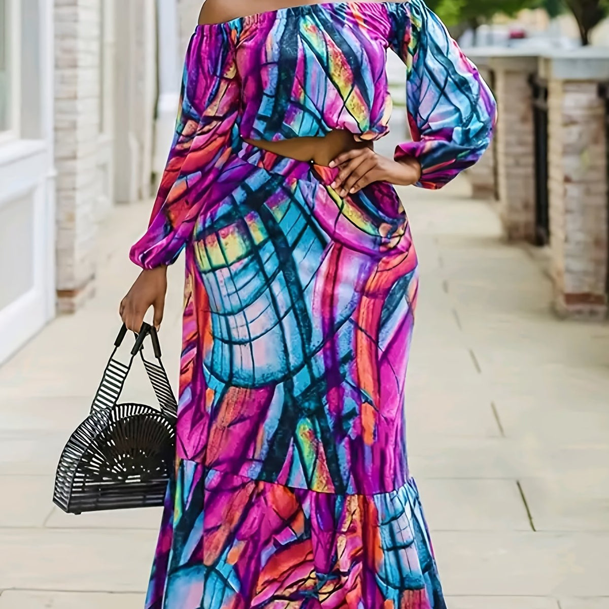  Women's Random Print Off Shoulder Top & Mermaid Skirt Set