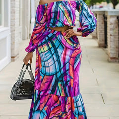  Women's Random Print Off Shoulder Top & Mermaid Skirt Set