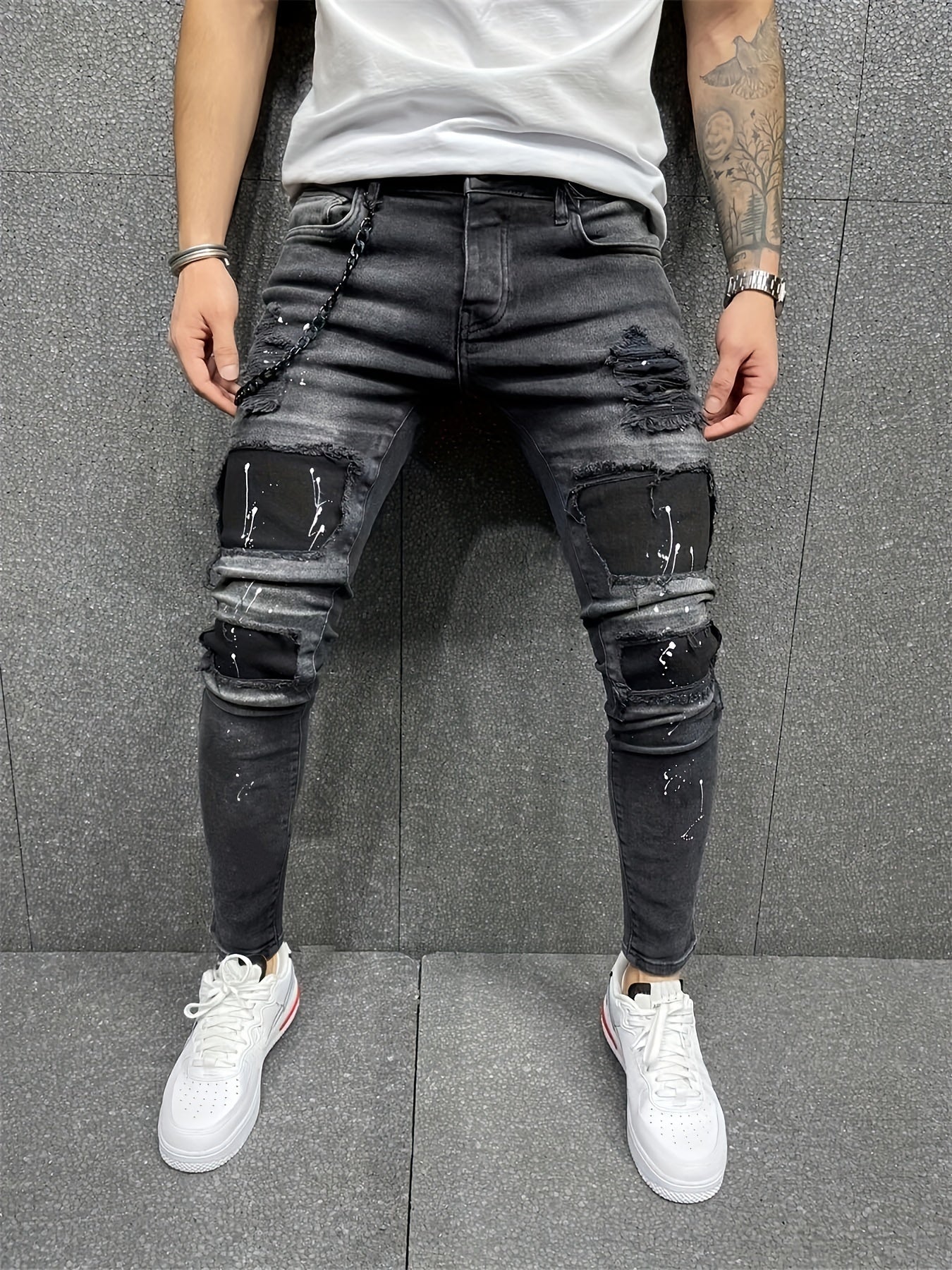 Mens Ripped Jeans Paint Splatter Chain Casual Street Style Denim Pants