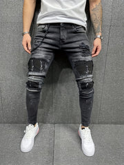 Mens Ripped Jeans Paint Splatter Chain Casual Street Style Denim Pants