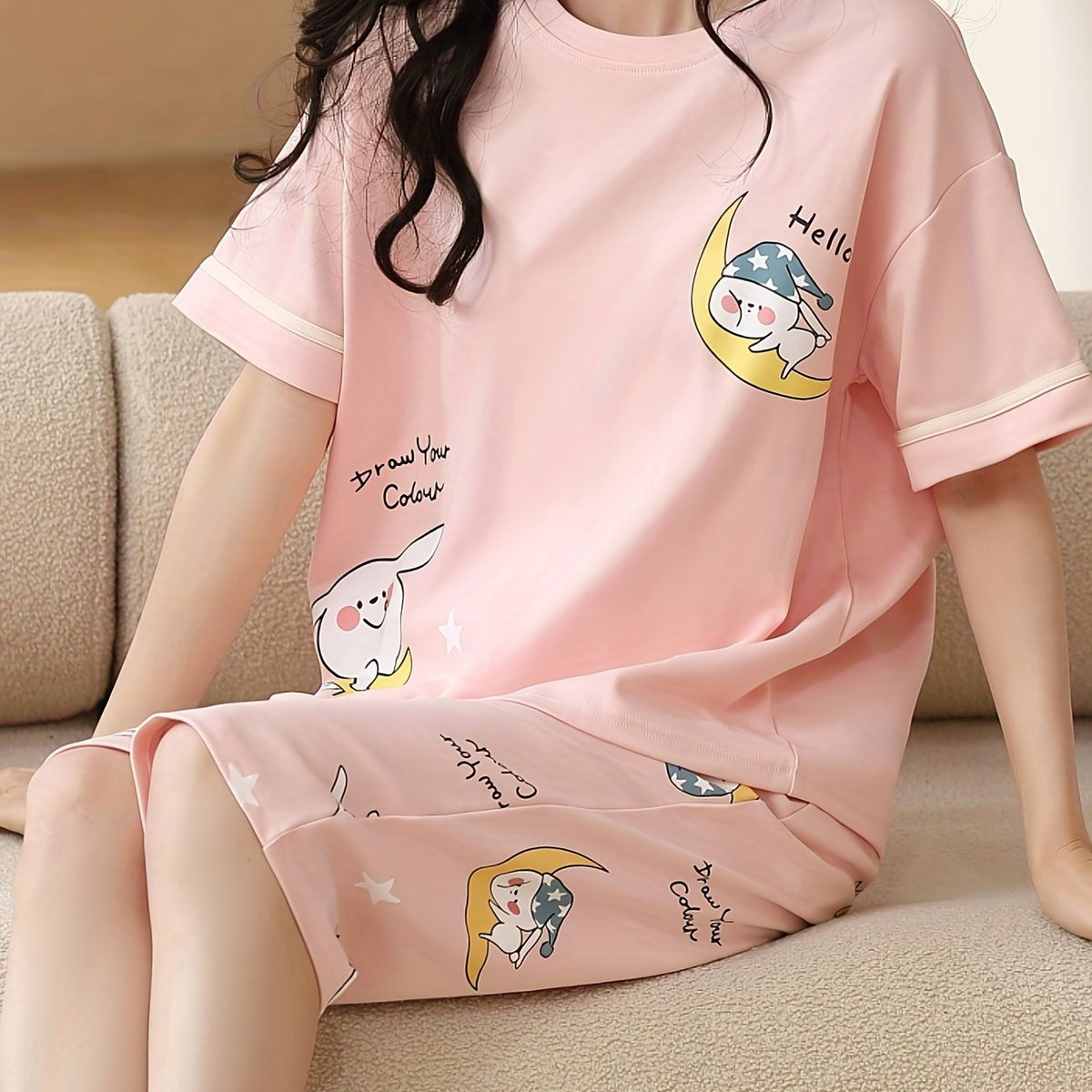 Bunny & Moon Print Pajama Set Short Sleeve Top & Cozy Crop Pants