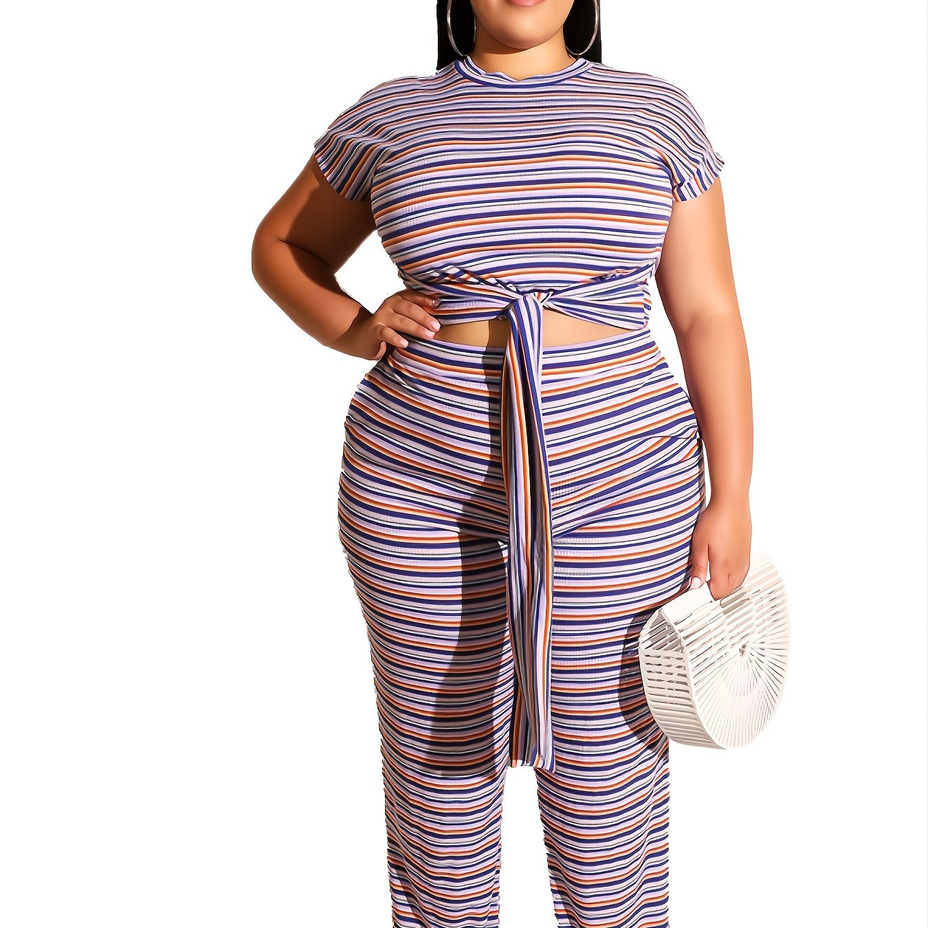  Striped Top Knot Front & Straight Leg Pant Set Co-ords