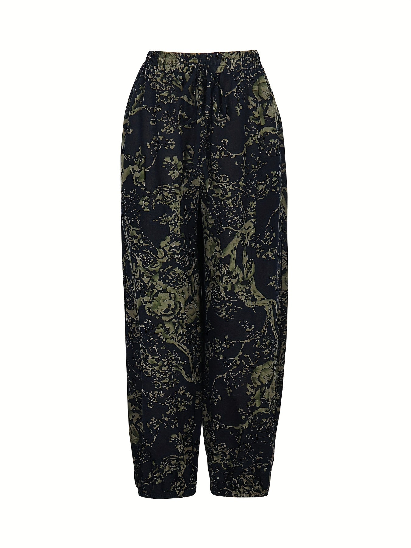  Floral Print Elastic Drawstring High Rise Slight Stretch Carrot Pants